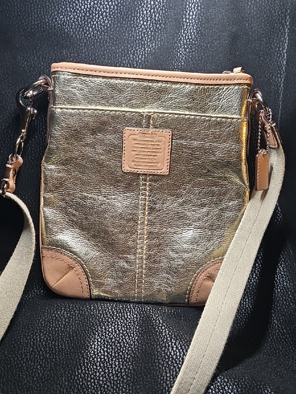 Coach Metallic Silver Crossbody with Tan Trim and Canvas Strap